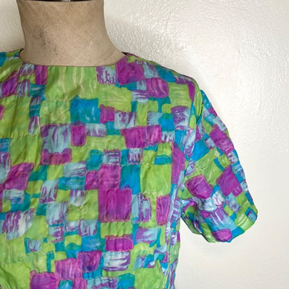 1970s Mod Neon Dress Size Medium quilt print colorful shift - Picture 9 of 14